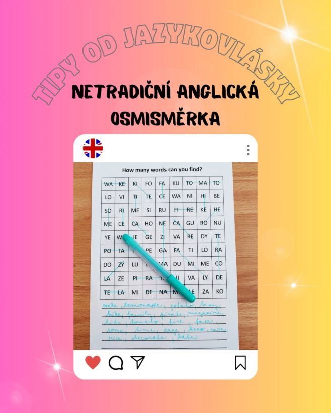 Anglická osmisměrka trošku jinak 🇬🇧 Zkusila jsem ji vytvořit po dvou písmenech a není to vůbec špatné. Vyzkoušíte se žáky?...